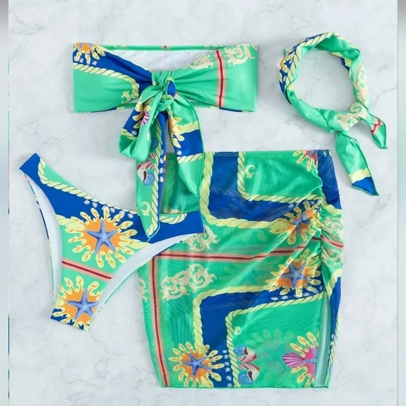 4 Pieces Floral Print Knot Front Swimsuit Bikini & Beach Skirt SIZE M - Picture 2 of 6